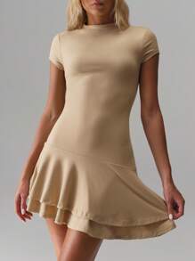 SHEIN Unity Solid Color Low Waist Asymmetric Hem Dress - Apricot - View 4