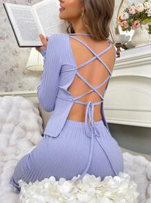 Women Lace Up Backless Sexy Pajama Set, Fall Winter Clothes