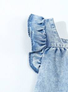 Youth Girls Fashionable Cute Fitted Slim Ruffle Trim Short Cap Sleeve Square Collar Light Washed Blue Casual Daily Top, Suitable For Summer, Toddler Denim Blouse - Light Wash - View 4