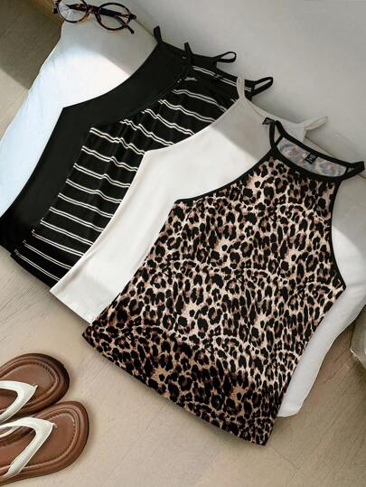 SHEIN LUNE 4 件大码女式纯色、条纹和豹纹宽松休闲吊带背心上衣，百搭日常穿着