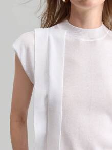 Ontre 女士优雅白色短袖针织毛衣，老钱风格现代都市风立领无袖毛衣上衣，春夏