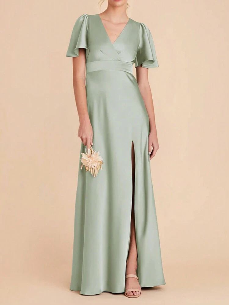Women's Solid V-Neck Ruffle Short Sleeve Midi Dress Sundress,Formal Women Dresses
