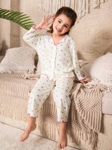 SHEIN Leap Crew 2pcs Young Girl Ditsy Floral V-Neck Button Front Ruffle Trim Long Sleeve Pajama Set - White - View 3