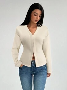 Aloruh 女士时尚法式复古 V 领插肩袖酒红色针织衬衫 - 杏色 - 查看 4