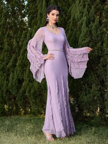 Modelyn Women's Elegant Solid Color Ruffle Flare Sleeve Dress - Dusty Purple - View 7