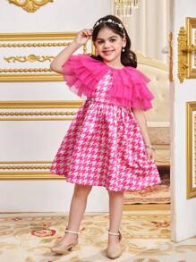 SHEIN 2 Pieces Set: Woven Plaid Sleeveless Dress And Mesh Cardigan For Young Girls - Hot Pink - View 5