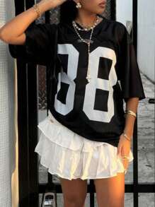 Plus Size Casual Loose Number Print Breathable Summer T-Shirt - Black and White - View 3