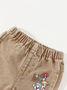 Denimly 男婴休闲都市街头时尚全年必备可爱小狗印花卡其色牛仔锥形裤，配有松紧腰带 - 卡其色 - 查看 4