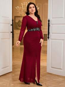 Modelyn Plus Size Casual Simple Fashion Formal Dress, Everyday Wear Fall - Burgundy - View 3