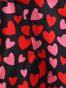 SHEIN Explorewe 男孩情人节休闲全心印花纽扣衬衫，时尚舒适 - 紅色 - 查看 3