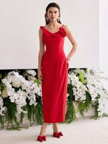 MOTF PREMIUM STEREO FLORAL SPLIT HEM DRESS - Red - View 5