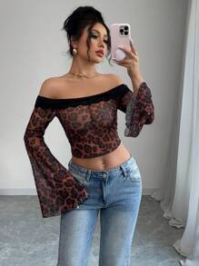 Elenzga 女式豹纹印花透明性感度假露肩蕾丝花边半透明喇叭袖长袖 T 恤 - 棕色 - 查看 5
