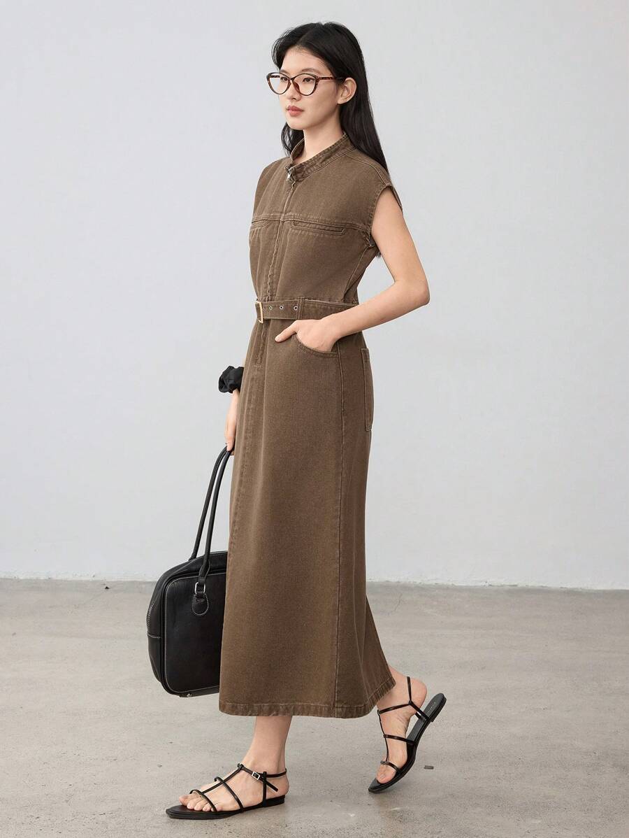 Dazy-Less Business Casual Waist Belt Decor Waist Cinching Ladies Denim Dress - Brown - View 1