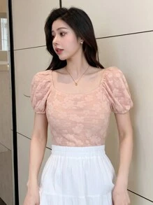 DAZY 纯色花卉纹理泡泡袖修身方领女式衬衫夏季薄纱露脐上衣女式可爱上衣 - 粉色 - 查看 6
