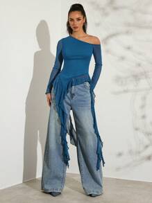 Glamine 浪漫春季不对称水母丝带荷叶边不对称斜肩短袖纯色紧身弹力网眼女式T恤 - 藍色 - 查看 4