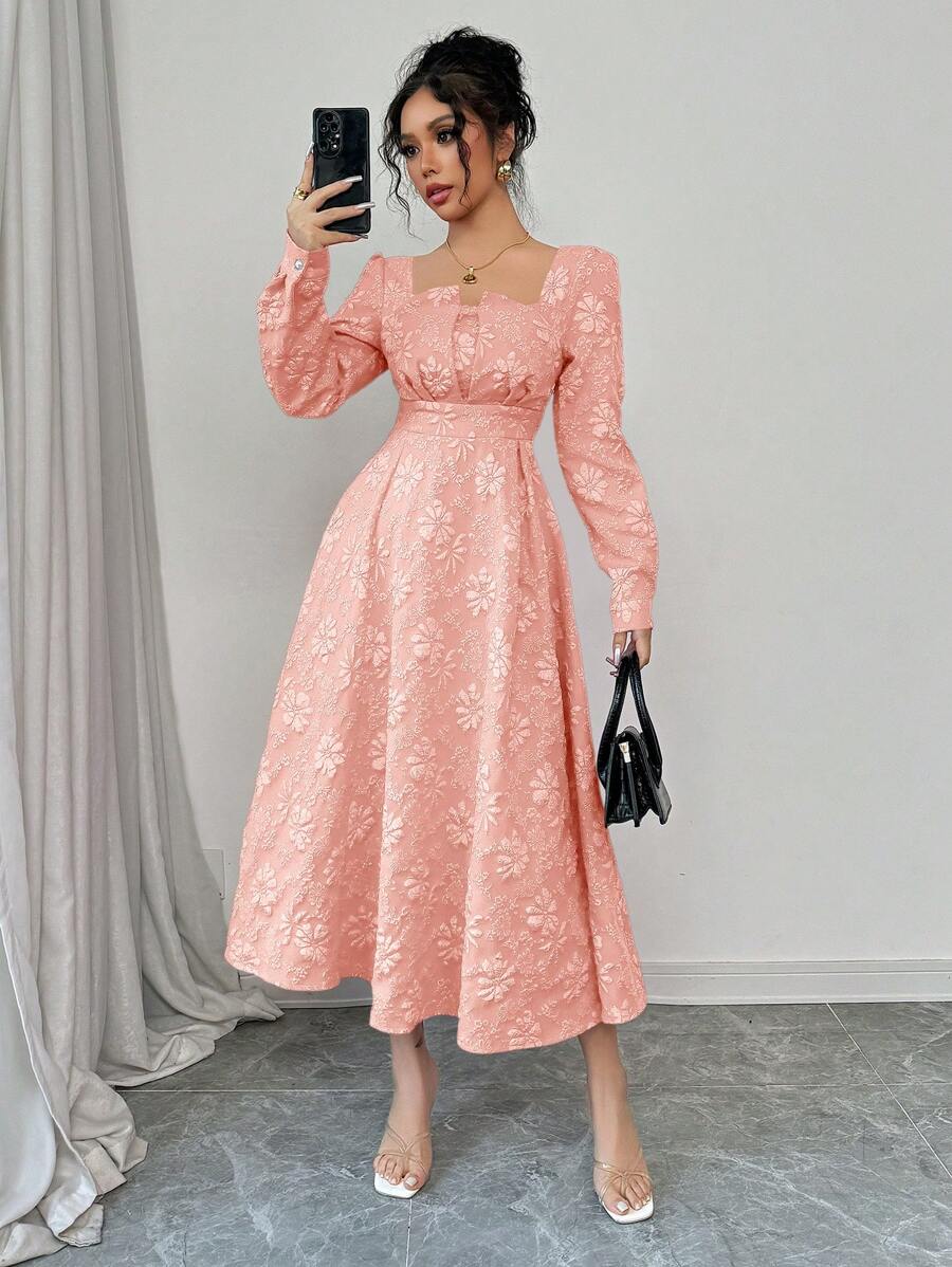 Elenzga 女士秋冬花卉提花优雅复古灯笼袖红色连衣裙长款女装 - 粉色 - 查看 1