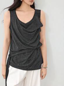 Dazy-Less Linen Design Sense Button Waist Tie Sleeveless Vest Women T-Shirt Old Money Style Business Casual Women - Dark Grey - View 4