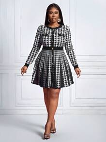 Slaydiva Elegant Fashion Plus Size Women Houndstooth Print Long Sleeve Ruffle A-Line Bodycon Dress,Graduation Dress