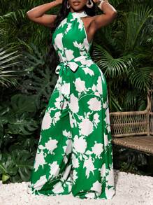 Slaydiva Women's Vacation Floral Print Turtleneck Side Split Pocket Wide Leg Fitted Jumpsuit - Green - View 6