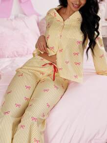 Conjunto de pijama de top de manga larga a rayas con lazo y pantalones para mujer, detalles acogedores y elegantes para la temporada navideña, ropa de otoño e invierno - Multicolor - Ver 6