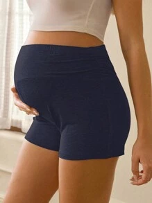 SHEIN Quần short thường ngày cạp cao có thể điều chỉnh màu trơn cho bà bầu - Màu xanh hải quân - Xem 2