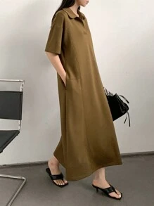 Dazy-Less 休闲商务直筒宽松拼接中长连衣裙女士夏季太阳裙衬衫裙 - 駝色 - 查看 6