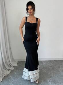 Elenzga 女士拼色鱼尾下摆优雅吊带连衣裙