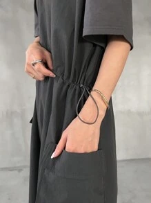 FRIFUL Women's Loose Fit Color Block Waist Pocket Patchwork Round Neck Mid-Length Dress Sundress - Grey - View 3