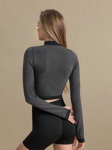 SHEIN 女士条纹圆领长袖短款运动衫 - 黑色 - 查看 2