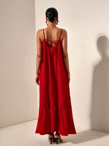 Zivah Vacation Red  Loose Fit Spaghetti Strap Smocked Ruffle Hem Backless Cami  Long Dress