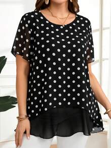 EMERY ROSE Große Größen Damen Polka Punkt Muster Rundhals Locker Kurzarm Bluse Sommer Kleidung Elegante Polka Punkt Arbeitskleidung für Damen