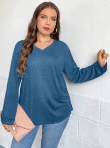 SHEIN LUNE 大码女式纯色 V 领长袖褶皱休闲 T 恤