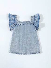 Youth Girls Fashionable Cute Fitted Slim Ruffle Trim Short Cap Sleeve Square Collar Light Washed Blue Casual Daily Top, Suitable For Summer, Toddler Denim Blouse - Light Wash - View 2