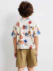 SHEIN Young Boys Pattern Print Round Neck Short Sleeve Tee And Loose Woven Shorts Set, Casual Daily Wear, Playful Style - Beige - View 2