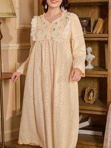 PalaceNights Plus Size Long Sleeve V-Neck Lace Patchwork Ruffle Hem Loose Vintage Long Nightgown