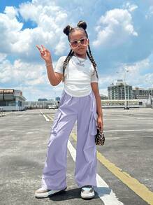 SHEIN Girlism 青少年女孩罗纹褶皱短袖 T 恤搭配袋鼠口袋和休闲裤夏季度假服装套装 - 淡紫色 - 查看 5