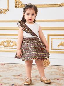 SHEIN 女婴夏季假期可爱荷叶边短款上衣和迷你裙套装 - 白色 - 查看 5