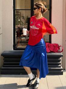 SHEIN EZwear 女士春夏适合约会之夜和外出复古 Y2K 舒适面料蓝色中长裙 - 藍色 - 查看 4