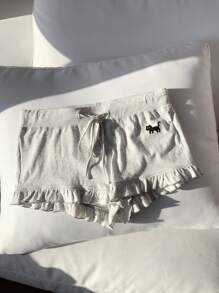 Comfortcana Women Summer Cat Print Frill Trim Belted Shorts - Grey - View 6