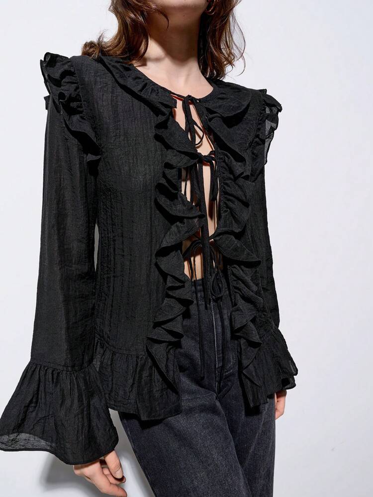 SHEIN Maija 2025 Summer New Black Collar Ruffle Front Tied Bow Flared Bell Sleeve Casual Beach Vacation City Romantic Elegant Shirt Suitable For Outing, Party, Wedding, Graduation Season, Summer