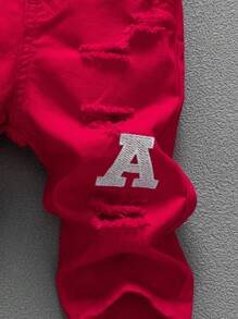 男婴黑熊字母刺绣做旧洗水牛仔长裤 - 紅色 - 查看 6