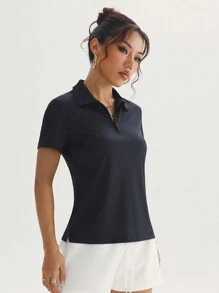 Easithlete Women Solid Color Turn-Down Collar Everyday Fitness Sports Polo Shirt - Black - View 5