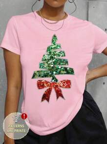 Women Christmas Casual Sequin Bow & Christmas Tree Pattern Basic Short Sleeve T-Shirt Graphic Tees Women Tops - Pink - View 1