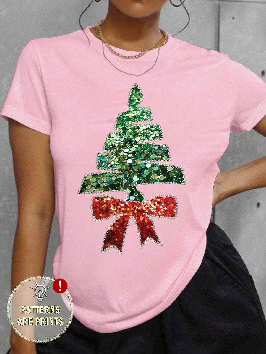 Women Christmas Casual Sequin Bow & Christmas Tree Pattern Basic Short Sleeve T-Shirt Graphic Tees Women Tops - Pink - View 1
