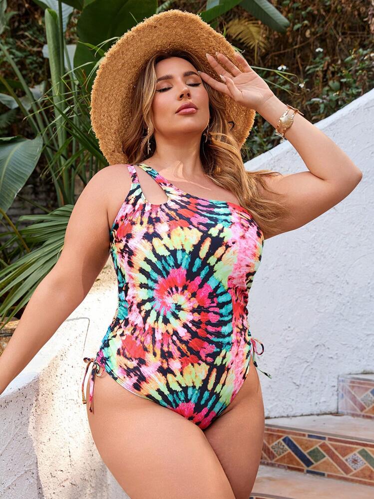 SHEIN Swim Curve 大码女式连体随机多色印花时尚修身可调节细肩带泳衣、休闲和沙滩装，适合夏季度假 - 彩色 - 查看 5