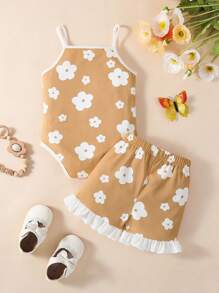1set Baby Girls Cute Floral Ruffle Strap Romper & Shorts Set, Casual Outfit For Daily, Park Play, Summer