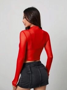 SHEIN PETITE Blusa blanca transparente con cuello de tortuga y recorte de lechuga