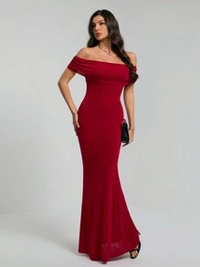 SHEIN Tall Summer Women's Solid Color One-Shoulder Sexy See-Through Elegant Fishtail Backless Tight Graduation Dress Long Skirt