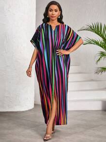 SHEIN Lady Elegant Casual Work Party Color Stripes Print V Neck Slit Butterfly Sleeve Women Dresses Long Dress - Multicolor - View 6