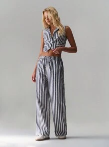 TRNVIE Retro Striped Linen Vest + Wide Leg Pants 2 Pieces Set - Blue - View 6